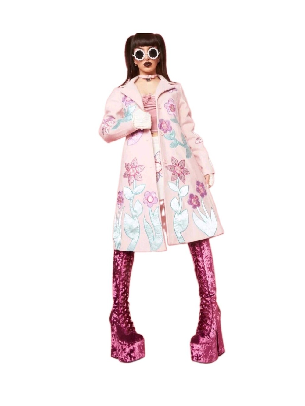 Sugar Thrillz Coat Womens S Pink Fleece Floral Butterfly Embroidered Long Pastel